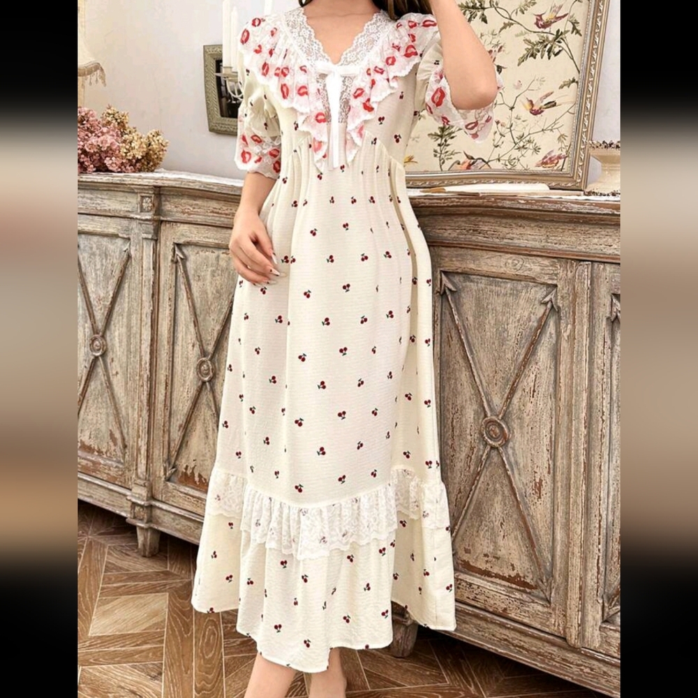 Romantic Cherry Print Lace Long Nightgown For Women